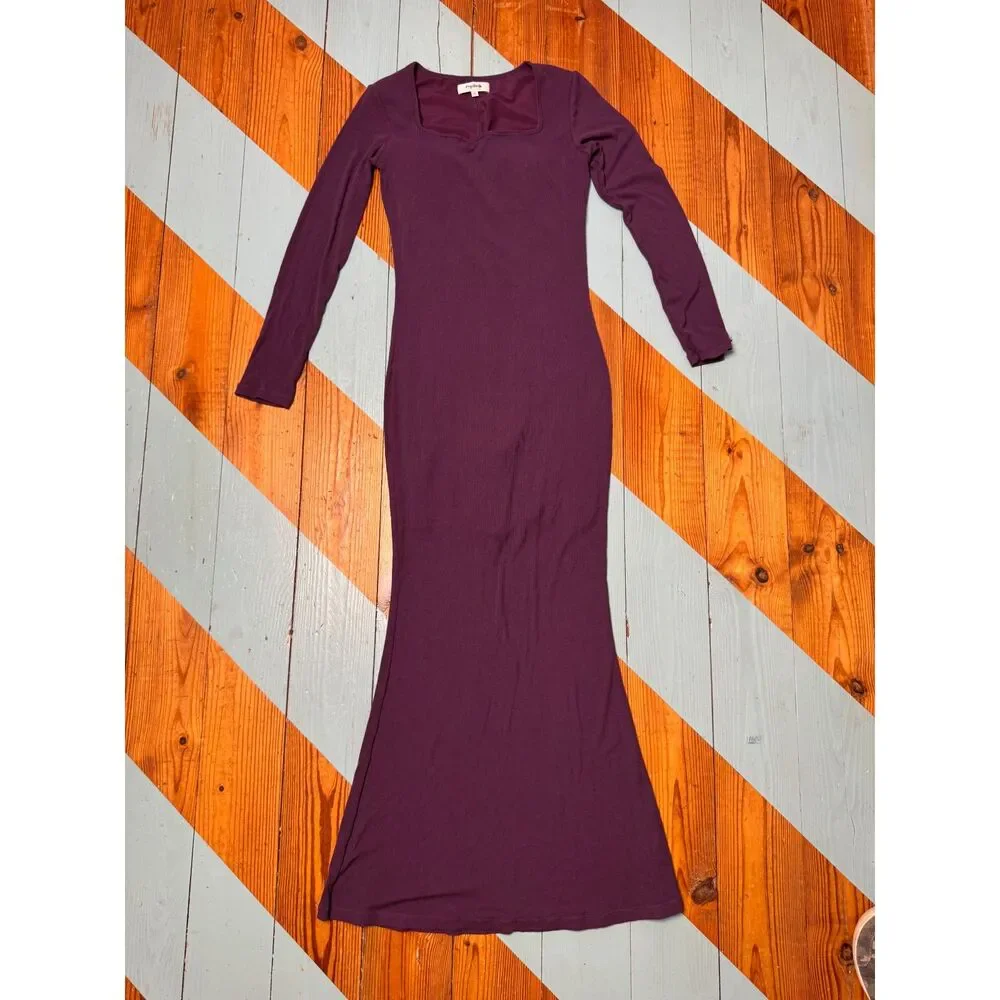 Popilush XL Plum Maxi Dress Built-In Shapewear Square Neck Long Sleeve Bodycon - Picture 2 of 11